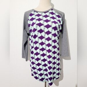 LuLaRoe Randy Raglan Top S Gray Purple Mint Ghost Print Halloween 3/4 Sleeve...